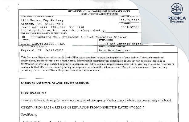 FDA 483 - Impax Laboratories, LLC. [Hayward / United States of America] - Download PDF - Redica Systems