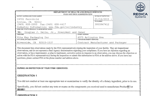 FDA 483 - Bxter Services, LLC [Fort Mohave / United States of America] - Download PDF - Redica Systems