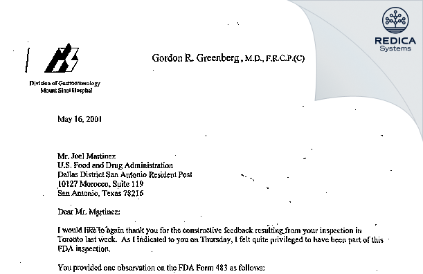 FDA 483 Response - Dr. Gordon Greenberg [Toronto / Canada] - Download PDF - Redica Systems