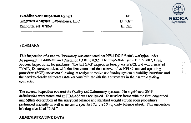 EIR - Integrated Analytical Laboratories, LLC. [Randolph / United States of America] - Download PDF - Redica Systems