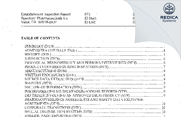 EIR - Spectrum Pharmaceuticals, Inc. [Boston / United States of America] - Download PDF - Redica Systems