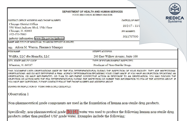 FDA 483 - WellRx LLC [Wheaton / United States of America] - Download PDF - Redica Systems