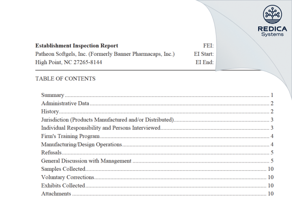 EIR - Patheon Softgels Inc. [High Point / United States of America] - Download PDF - Redica Systems