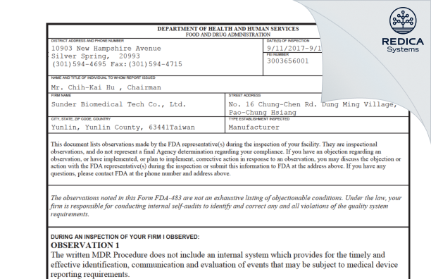 FDA 483 - Sunder Biomedical Tech Co., Ltd. [Yunlin / Taiwan] - Download PDF - Redica Systems