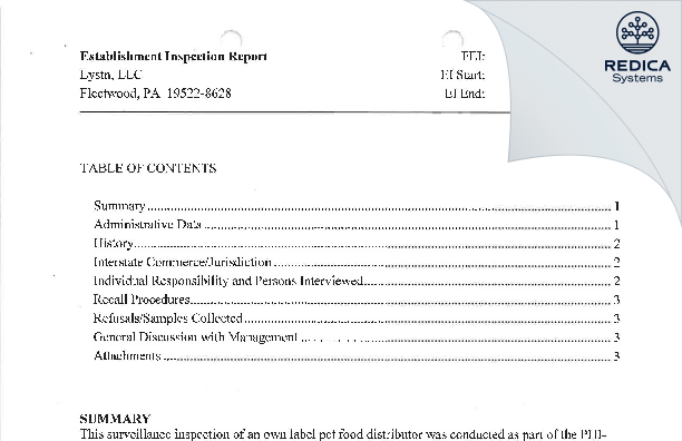 EIR - Lystn LLC [Fleetwood / United States of America] - Download PDF - Redica Systems
