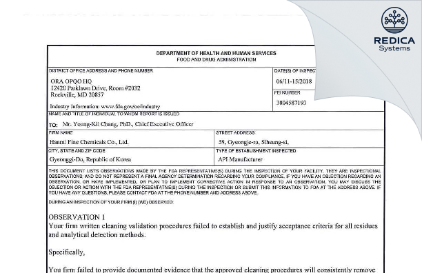FDA 483 - Hanmi Fine Chemical Co., Ltd. [Korea South / Korea (Republic of)] - Download PDF - Redica Systems
