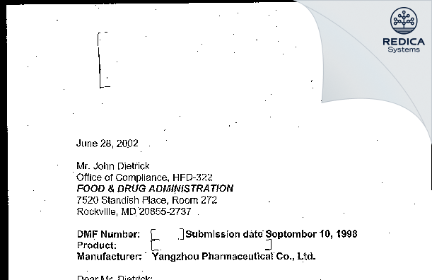 FDA 483 Response - Yangzhou Pharmaceutical Ltd [Yangzhou / China] - Download PDF - Redica Systems