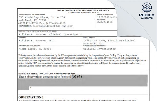 FDA 483 - William E. Sanchez, M.D. [Miami Lakes / United States of America] - Download PDF - Redica Systems
