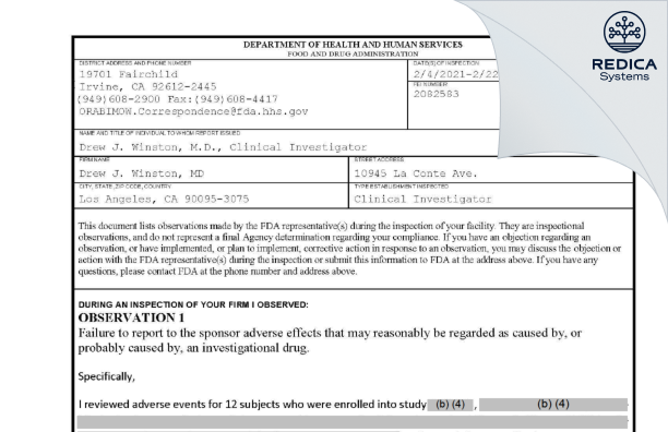 FDA 483 - Drew J. Winston, MD [Los Angeles / United States of America] - Download PDF - Redica Systems