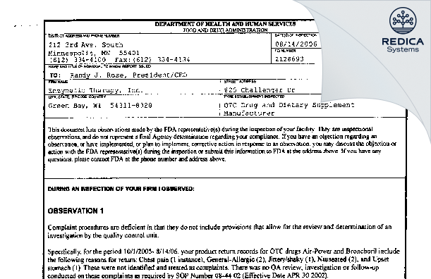 FDA 483 - Schwabe North America, Inc. [Green Bay / United States of America] - Download PDF - Redica Systems