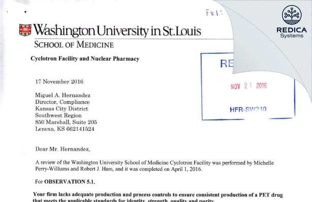 FDA 483 Response - Washington University, The [Saint Louis / United States of America] - Download PDF - Redica Systems