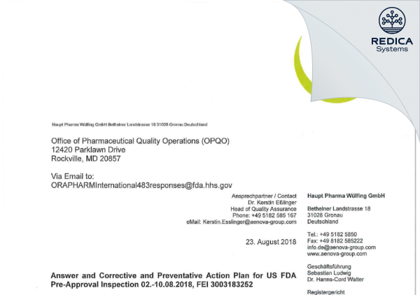 FDA 483 Response - Haupt Pharma Wuelfing GmbH [Gronau Leine / Germany] - Download PDF - Redica Systems