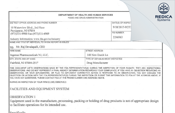 FDA 483 - Ingenus Pharmaceuticals NJ, LLC [Fairfield / United States of America] - Download PDF - Redica Systems