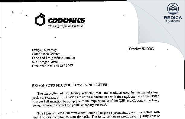 FDA 483 Response - Codonics Inc [Middleburg Heights / United States of America] - Download PDF - Redica Systems