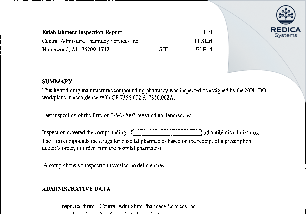 EIR - Central Admixture Pharmacy Services Inc [Homewood / United States of America] - Download PDF - Redica Systems