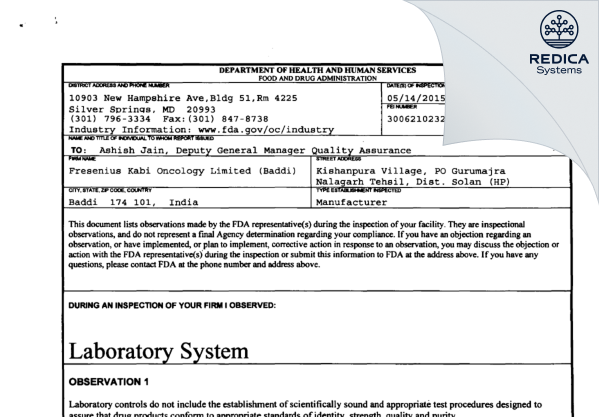 FDA 483 - Fresenius Kabi Oncology Limited [India / India] - Download PDF - Redica Systems