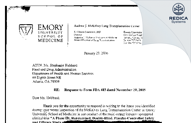 FDA 483 Response - E. Clinton Lawrence, MD [Atlanta / United States of America] - Download PDF - Redica Systems