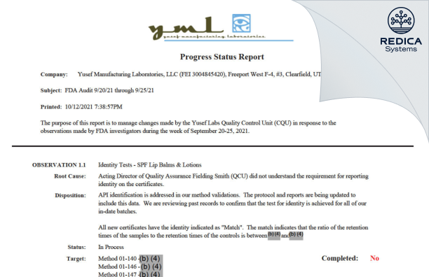 FDA 483 Response - Yusef Manufacturing Laboratories, LLC DBA YMlabs, LLC [Clearfield / United States of America] - Download PDF - Redica Systems