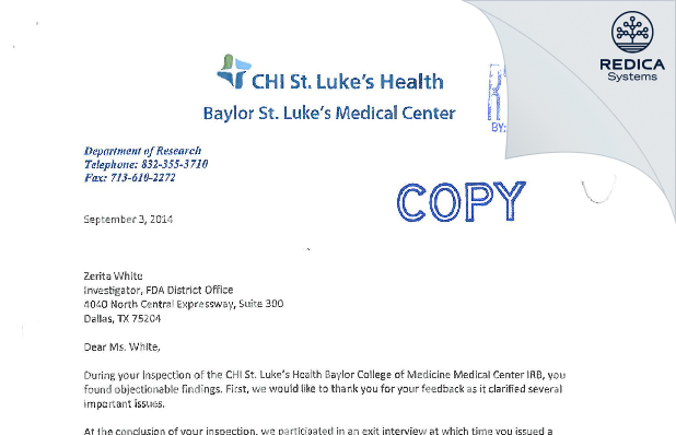 FDA 483 Response - Baylor St Luke's Medical Center IRB & Research [Houston / United States of America] - Download PDF - Redica Systems
