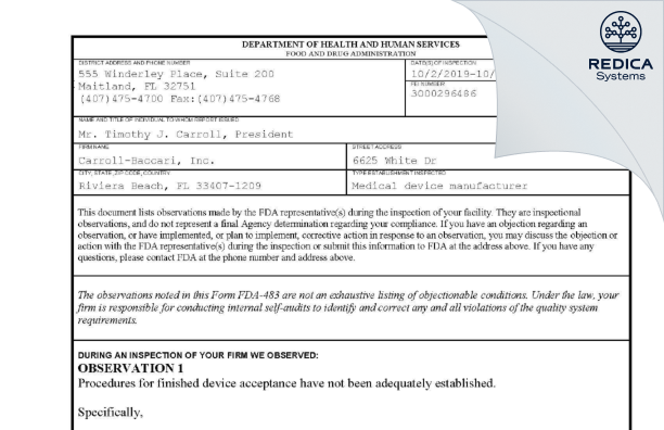 FDA 483 - Carroll-Baccari, Inc. [Riviera Beach / United States of America] - Download PDF - Redica Systems