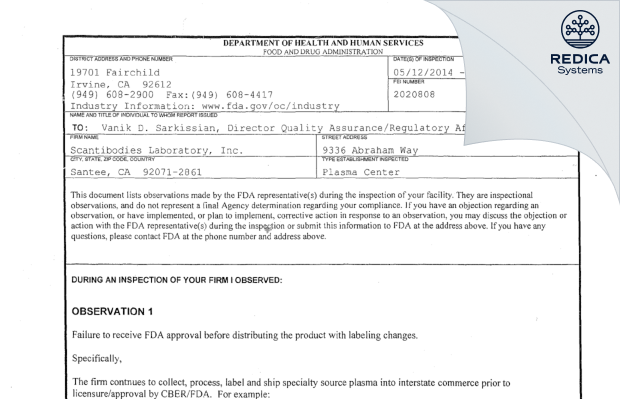 FDA 483 - Scantibodies Laboratory, Inc. [Santee / United States of America] - Download PDF - Redica Systems