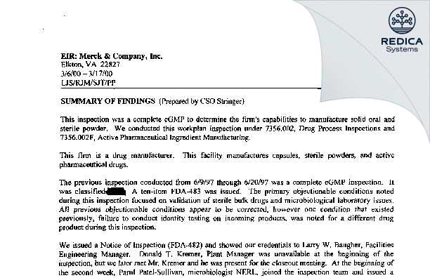 EIR - Merck Sharp & Dohme Corp., a subsidiary of Merck & Co., Inc. [Elkton / United States of America] - Download PDF - Redica Systems