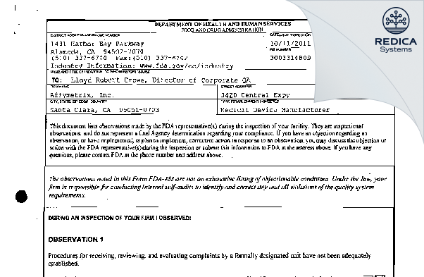 FDA 483 - Affymetrix, Inc. [Santa Clara / United States of America] - Download PDF - Redica Systems