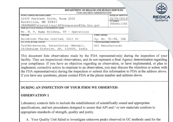 FDA 483 - Apitoria Pharma Private Limited [India / India] - Download PDF - Redica Systems