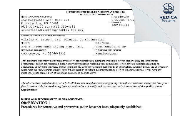 FDA 483 - Bruno Independent Living Aids, Inc. [Oconomowoc / United States of America] - Download PDF - Redica Systems