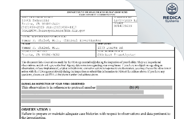 FDA 483 - Samer K. Khaled, M.D. [Duarte / United States of America] - Download PDF - Redica Systems