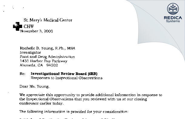 FDA 483 Response - St Mary'S Medical Center Irb [San Francisco / United States of America] - Download PDF - Redica Systems