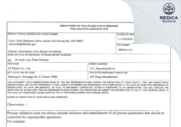 FDA 483 - ST Pharm Co., Ltd. [- / Korea (Republic of)] - Download PDF - Redica Systems