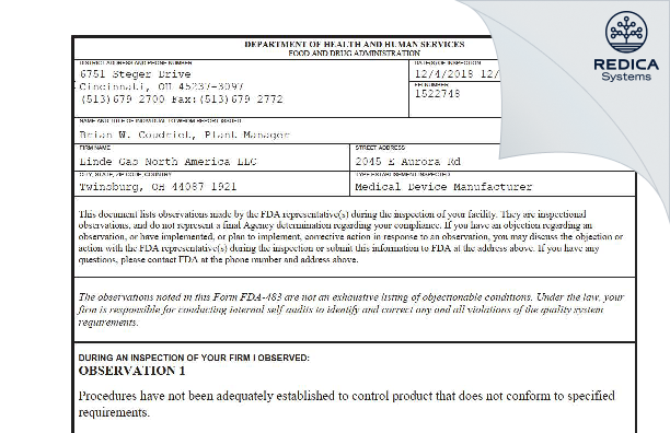 FDA 483 - Linde Gas & Equipment Inc. [Twinsburg Ohio / United States of America] - Download PDF - Redica Systems