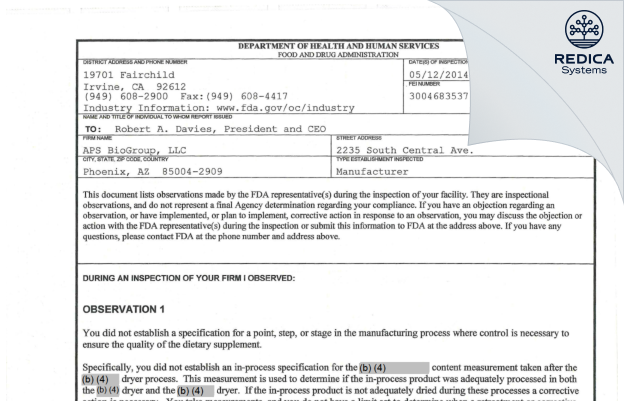 FDA 483 - APS BioGroup, LLC [Phoenix / United States of America] - Download PDF - Redica Systems