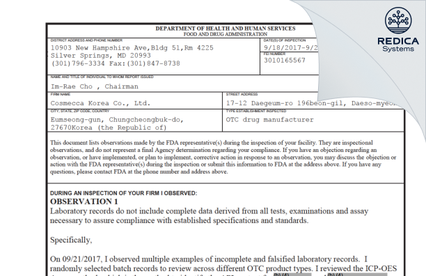 FDA 483 - COSMECCA KOREA CO., LTD [- / -] - Download PDF - Redica Systems