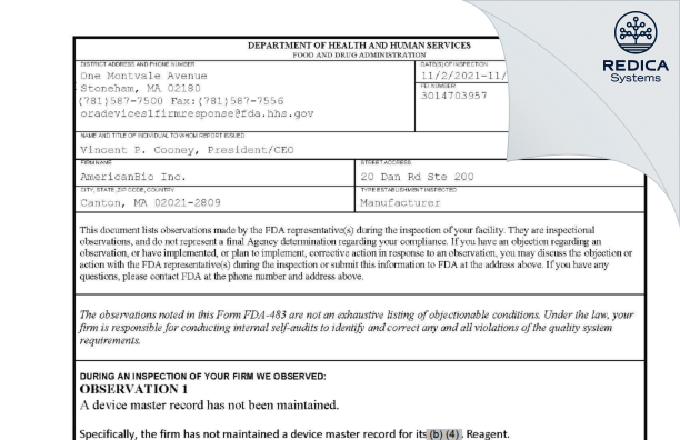 FDA 483 - AmericanBio Inc. [Canton / United States of America] - Download PDF - Redica Systems