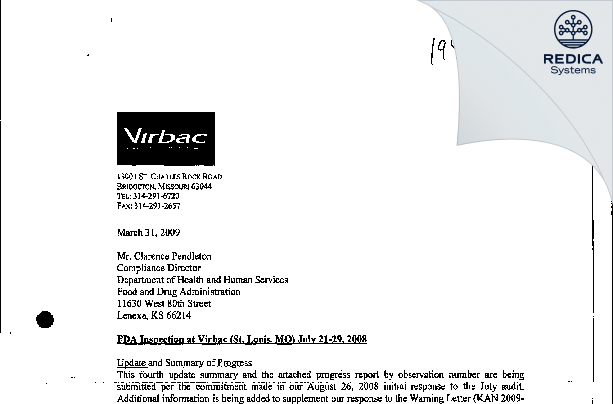 FDA 483 Response - Virbac Corporation [Bridgeton / United States of America] - Download PDF - Redica Systems