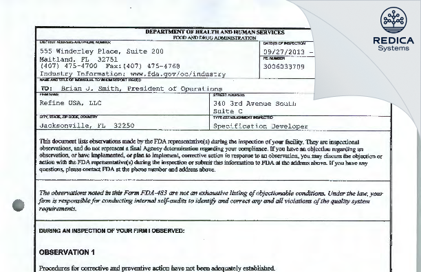 FDA 483 - Refine USA, LLC [Jacksonville / United States of America] - Download PDF - Redica Systems