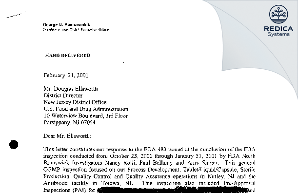 FDA 483 Response - Hoffmann La Roche Inc [Nutley / United States of America] - Download PDF - Redica Systems