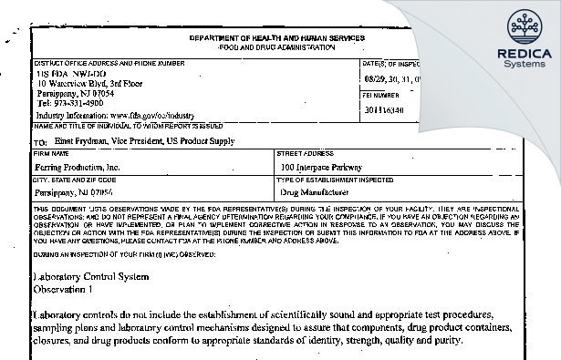 FDA 483 - Ferring Production Inc. [Jersey / United States of America] - Download PDF - Redica Systems