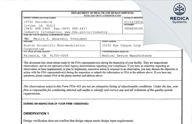 FDA 483 - Boston Scientific Neuromodulation Corporation [Valencia / United States of America] - Download PDF - Redica Systems