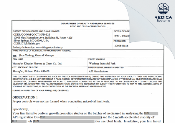 FDA 483 - Guang'an Kingday Pharma & Chem Co., Ltd [Guang'an / China] - Download PDF - Redica Systems