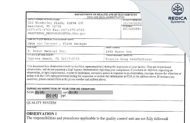 FDA 483 - B Braun Medical Inc [Daytona Beach / United States of America] - Download PDF - Redica Systems