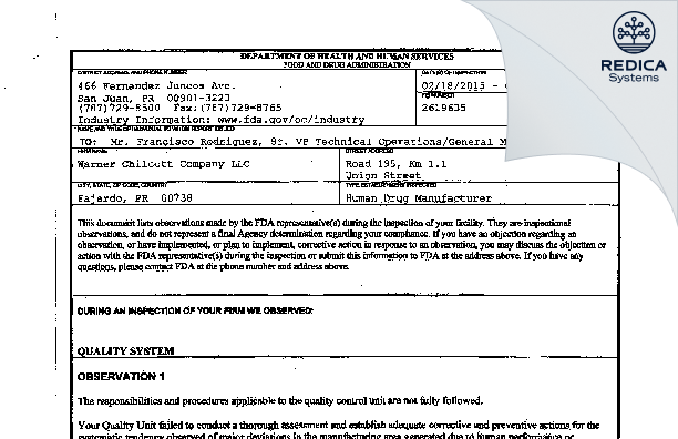 FDA 483 - Teva Puerto Rico LLC [Puerto Rico / United States of America] - Download PDF - Redica Systems