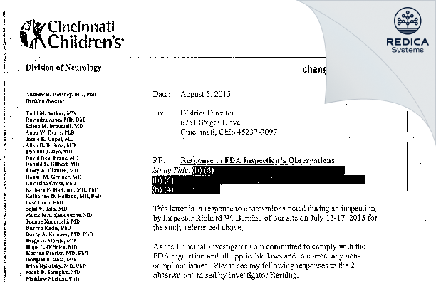 FDA 483 Response - Brenda L Wong MD [Cincinnati / United States of America] - Download PDF - Redica Systems