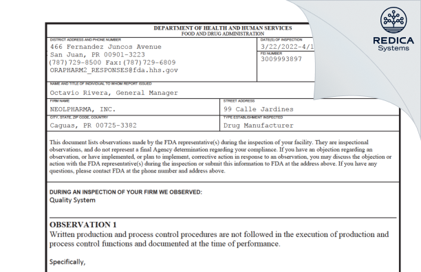 FDA 483 - NEOLPHARMA, INC. [Rico / United States of America] - Download PDF - Redica Systems