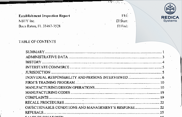 EIR - Rexall Sundown Inc. [Boca Raton / United States of America] - Download PDF - Redica Systems