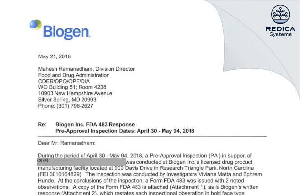 FDA 483 Response - Biogen U.S. Corporation [Research Triangle Park / United States of America] - Download PDF - Redica Systems