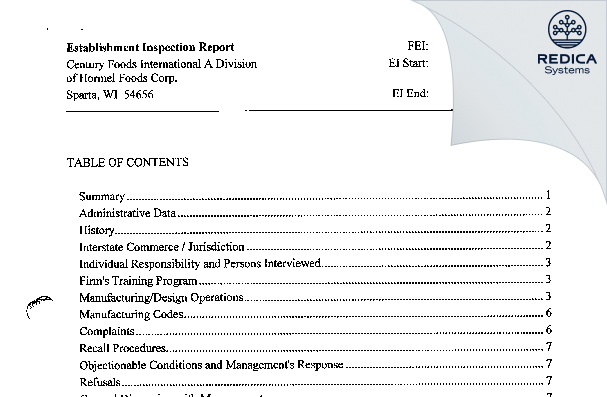 EIR - Century Foods International, Inc. Plant #4 [Sparta / United States of America] - Download PDF - Redica Systems