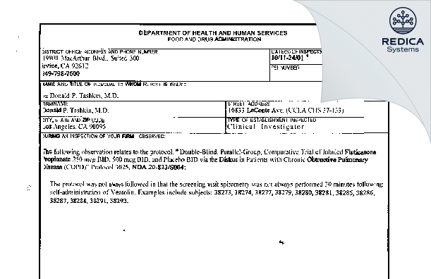 FDA 483 - Donald P. Tashkm, M.D. [Los Angeles / United States of America] - Download PDF - Redica Systems